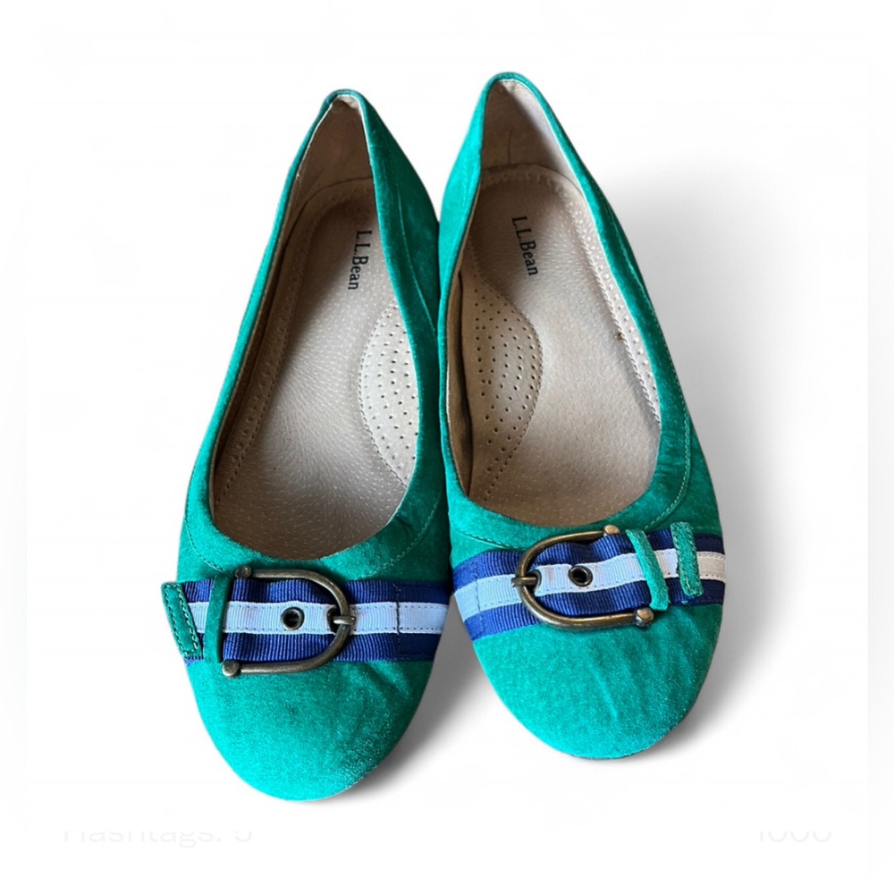 L.L. Bean Women's  Flats with Striped Buckle. Green Suede Flats. Size 9 1/2